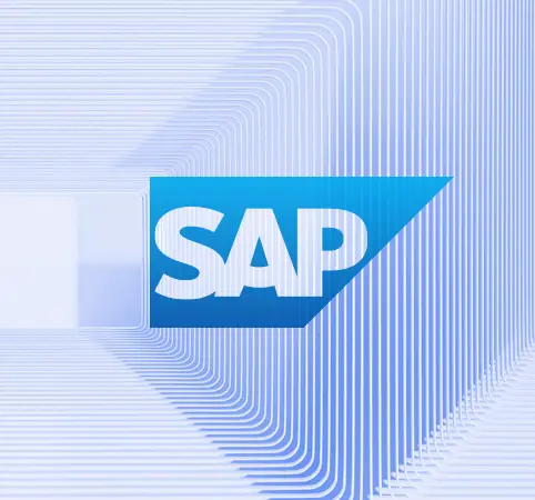 Logo de SAP sobre fondo azul con líneas geométricas claras.