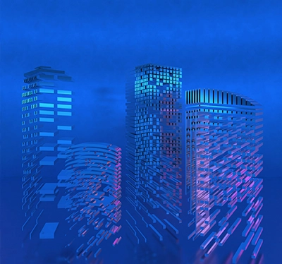 Edificios digitales pixelados que parecen disolverse en un entorno azul futurista.